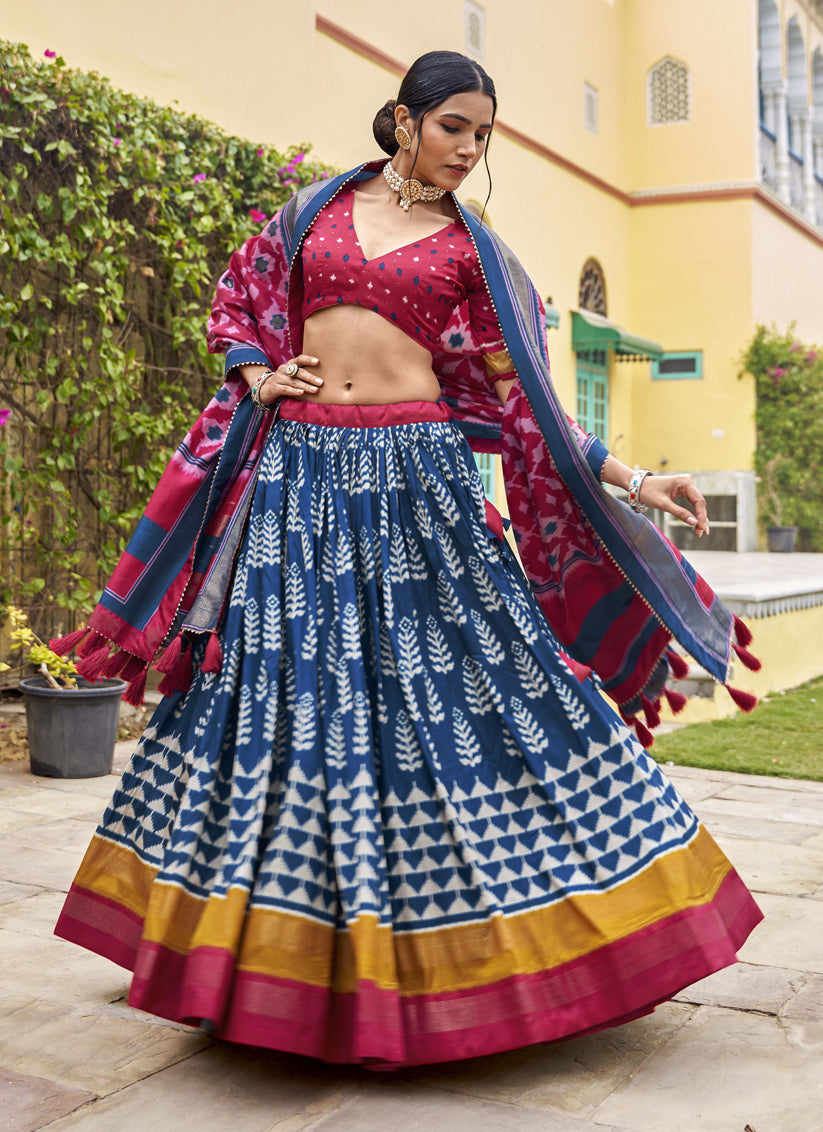 Navy Blue Tussar Silk Foil Printed Party Wear Lehenga Set