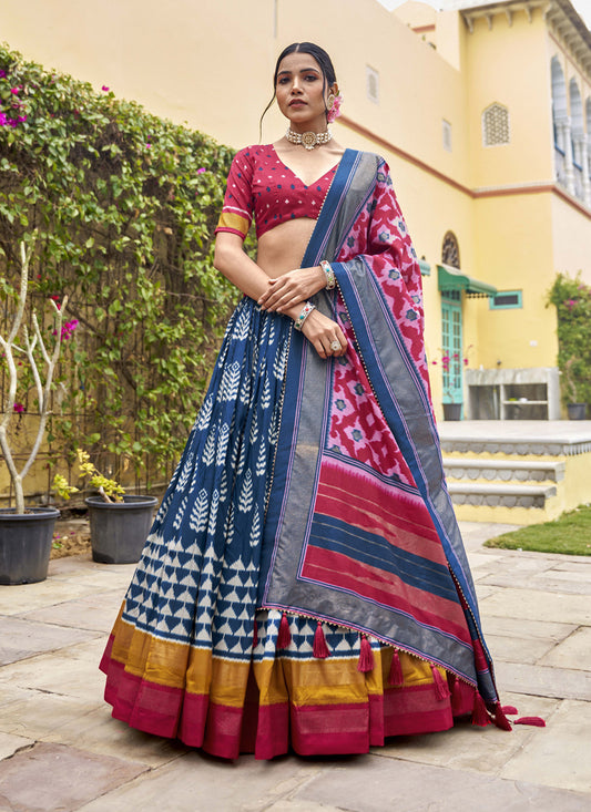 Navy Blue Tussar Silk Foil Printed Party Wear Lehenga Set