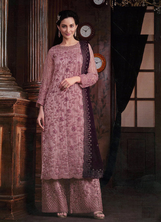 Dusty Pink Embroidered Net Palazzo Kameez