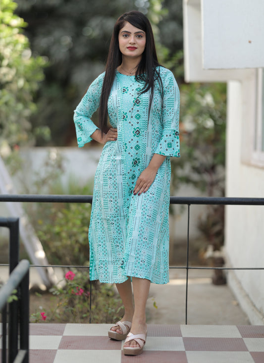 Aqua Blue Pure Cotton Printed Kurti