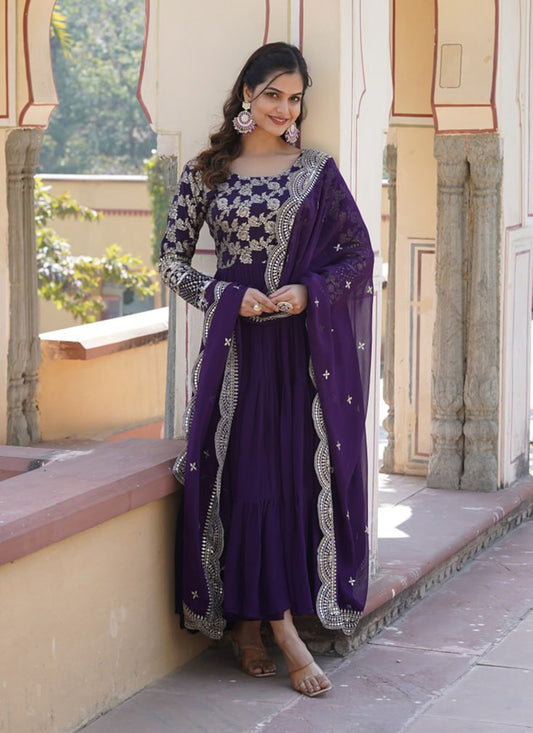 Purple Faux Georgette Embroidered Gown with Dupatta