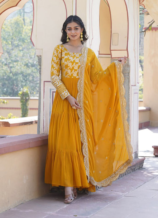 Mustard Yellow Faux Georgette Embroidered Gown with Dupatta