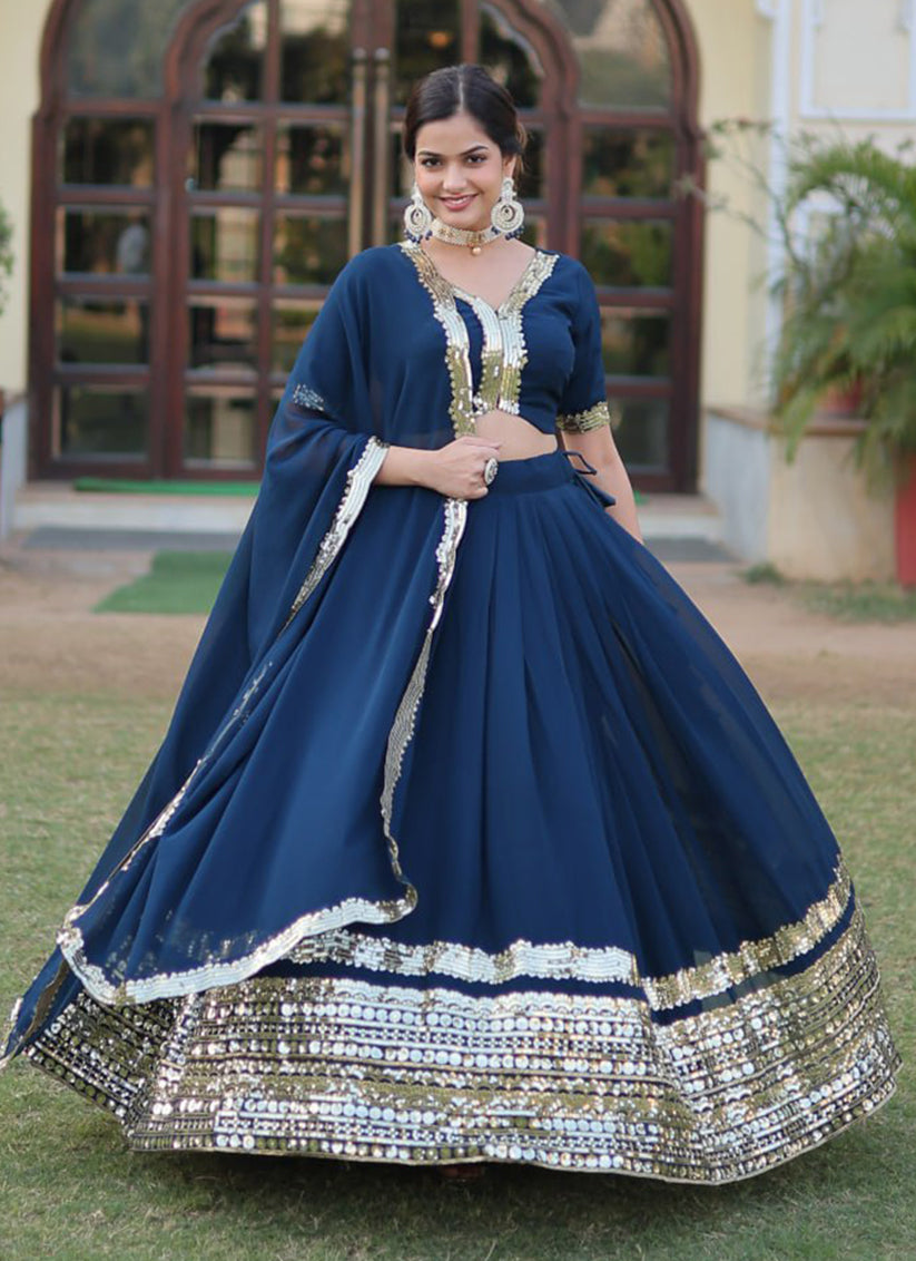 Peacock Blue Sequins Embroidered Faux Georgette Lehenga Choli