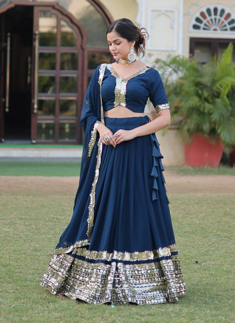 Peacock Blue Sequins Embroidered Faux Georgette Lehenga Choli