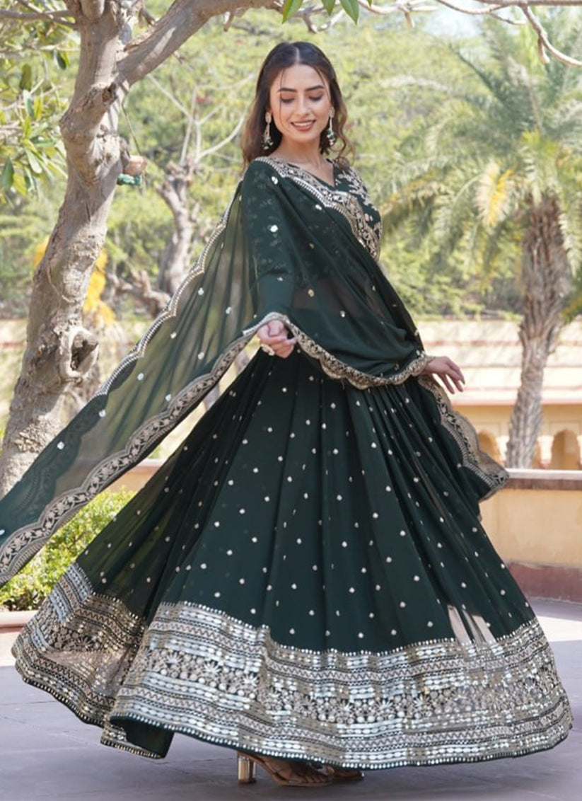 Pine Green Sequins Embroidered Faux Georgette Lehenga Choli