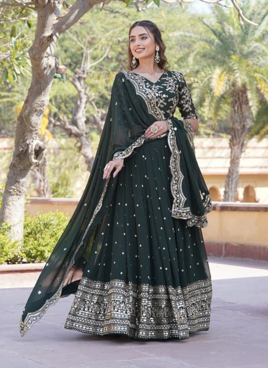 Pine Green Sequins Embroidered Faux Georgette Lehenga Choli