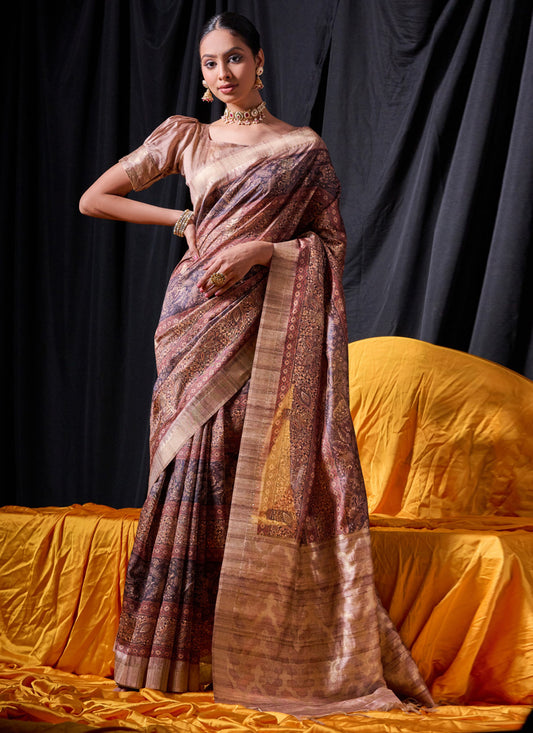 Coffee Brown Tussar Silk Zari Woven Saree