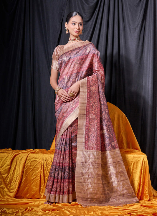 Maroon Tussar Silk Zari Woven Saree