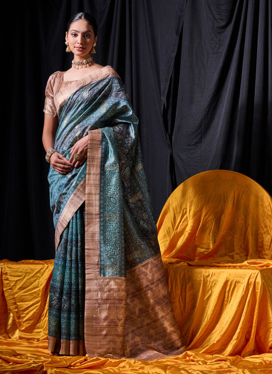 Rama Green Tussar Silk Zari Woven Saree