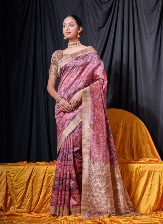 Wine Tussar Silk Zari Woven Saree