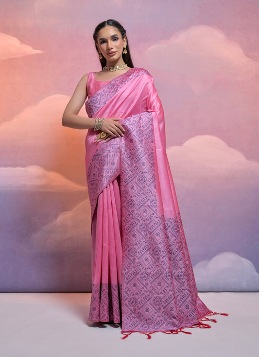 Pink Handloom Raw Silk Woven Saree