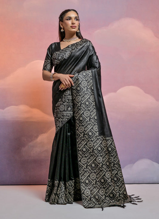 Black Handloom Raw Silk Woven Saree