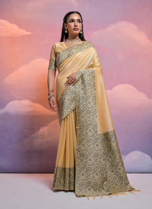 Cream Handloom Raw Silk Woven Saree