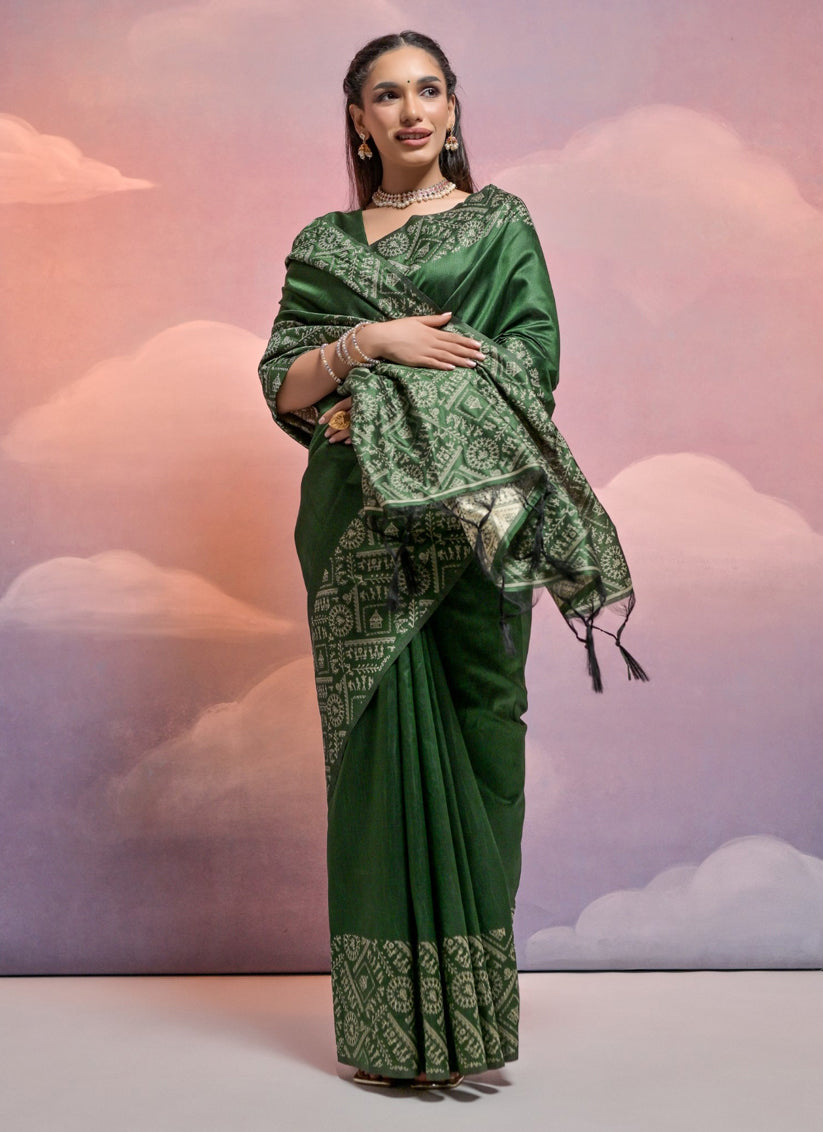 Green Handloom Raw Silk Woven Saree