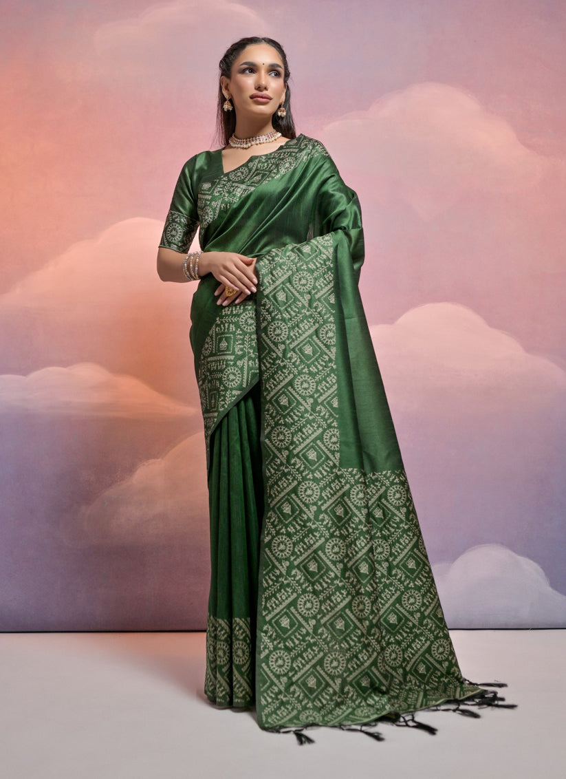 Green Handloom Raw Silk Woven Saree