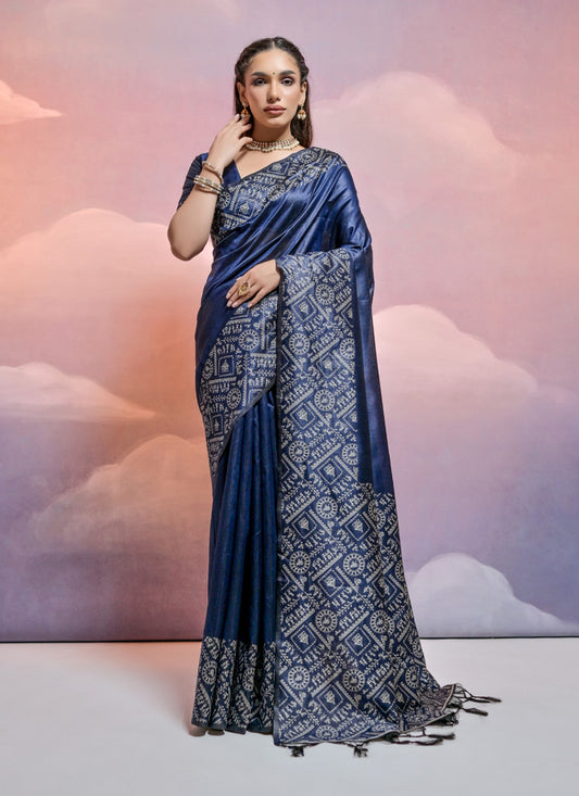 Navy Blue Handloom Raw Silk Woven Saree