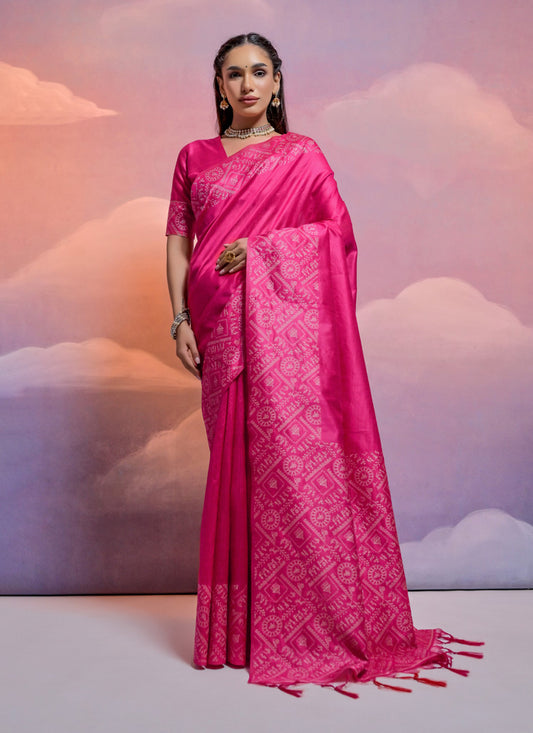 Rani Pink Handloom Raw Silk Woven Saree