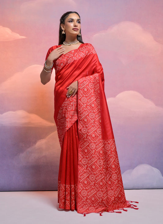 Red Handloom Raw Silk Woven Saree