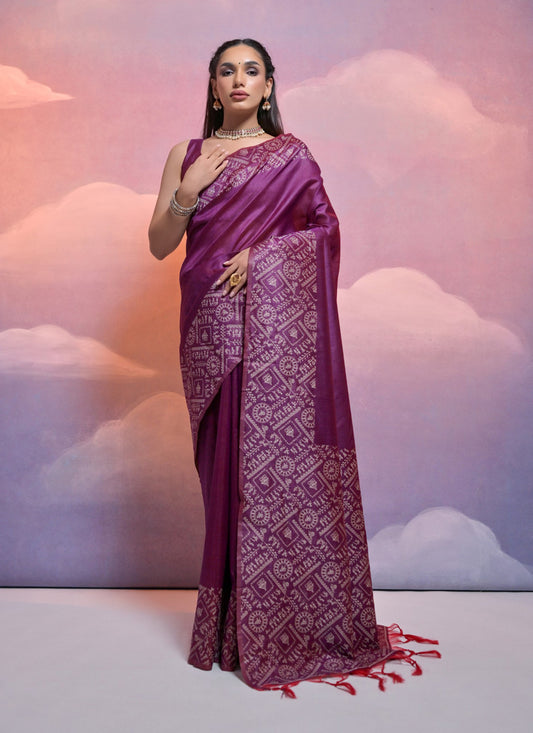 Wine Handloom Raw Silk Woven Saree