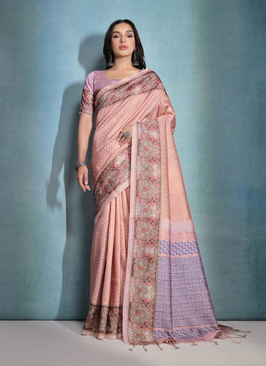 Peach Cotton Silk Zari Woven Saree