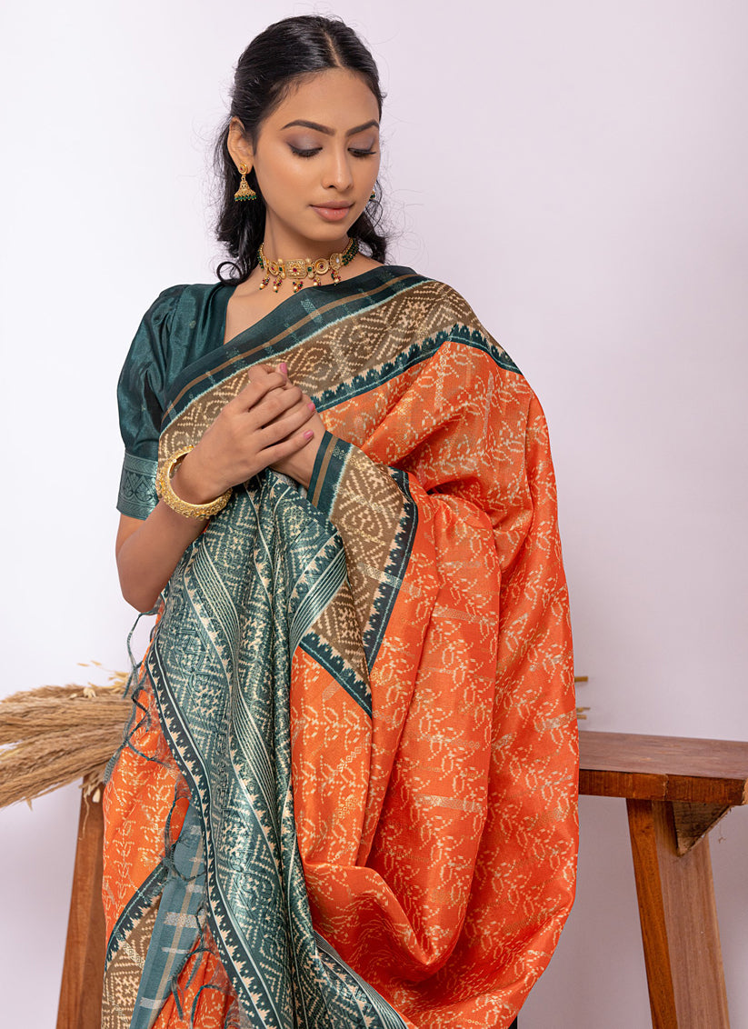 Orange Tussar Silk Printed Saree