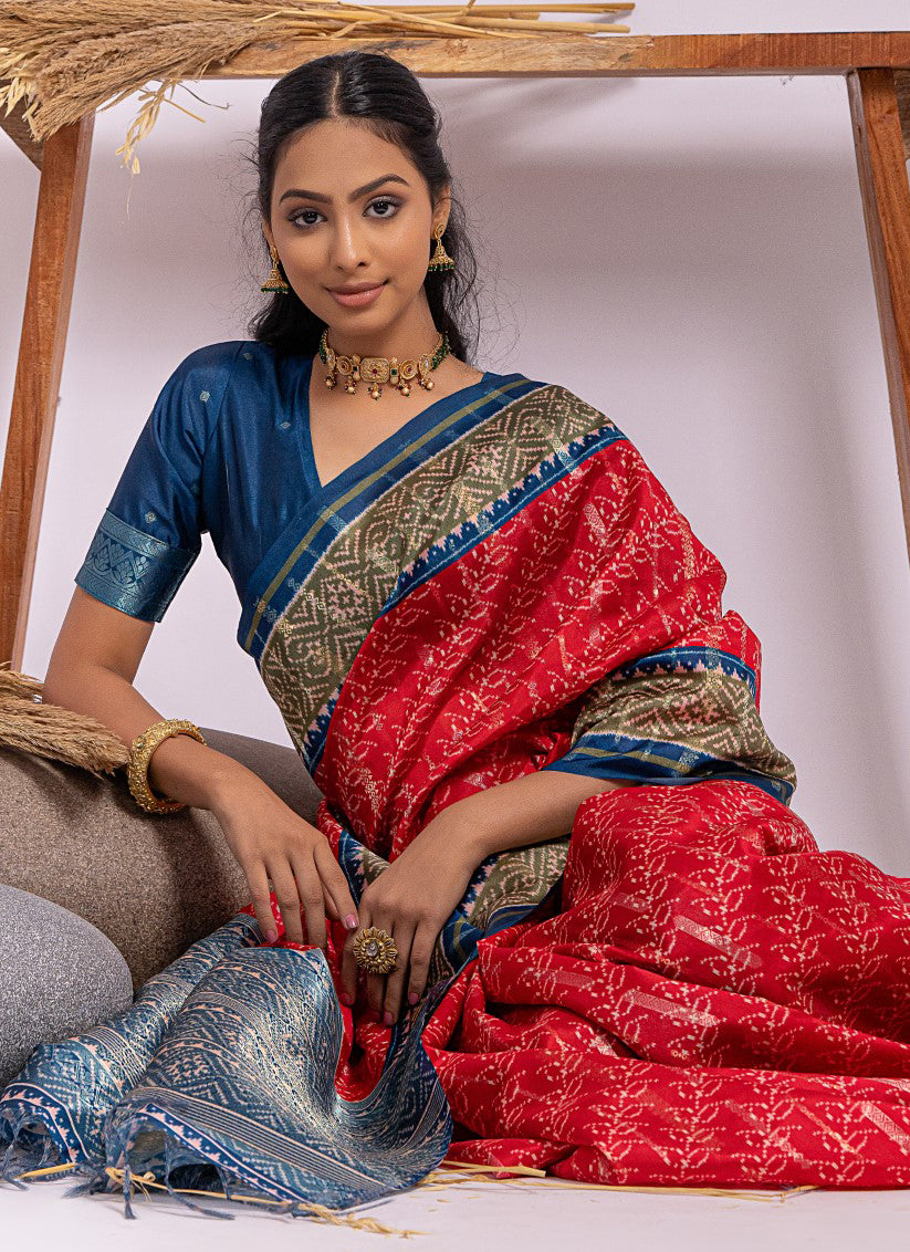 Red Tussar Silk Printed Saree
