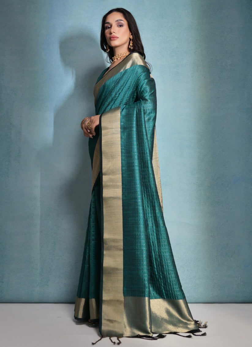 Rama Green Raw Silk Woven Saree