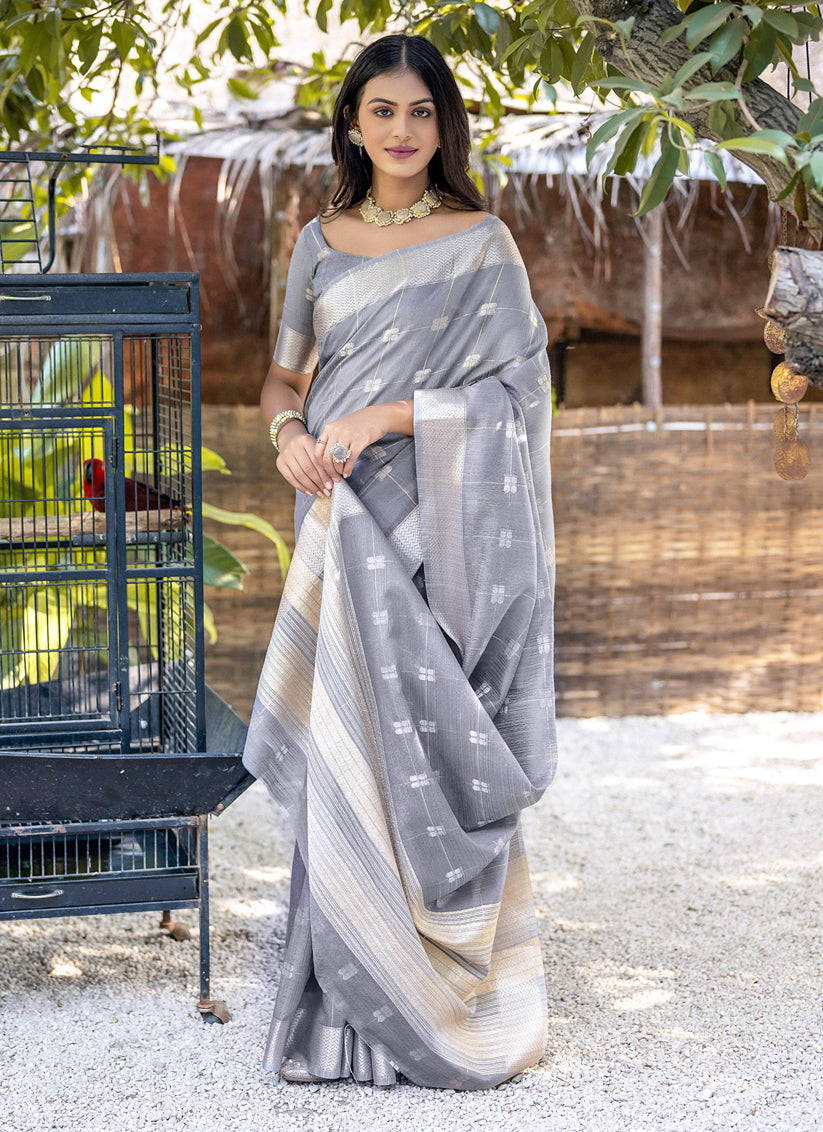 Grey Pure Cotton Zari Woven Saree