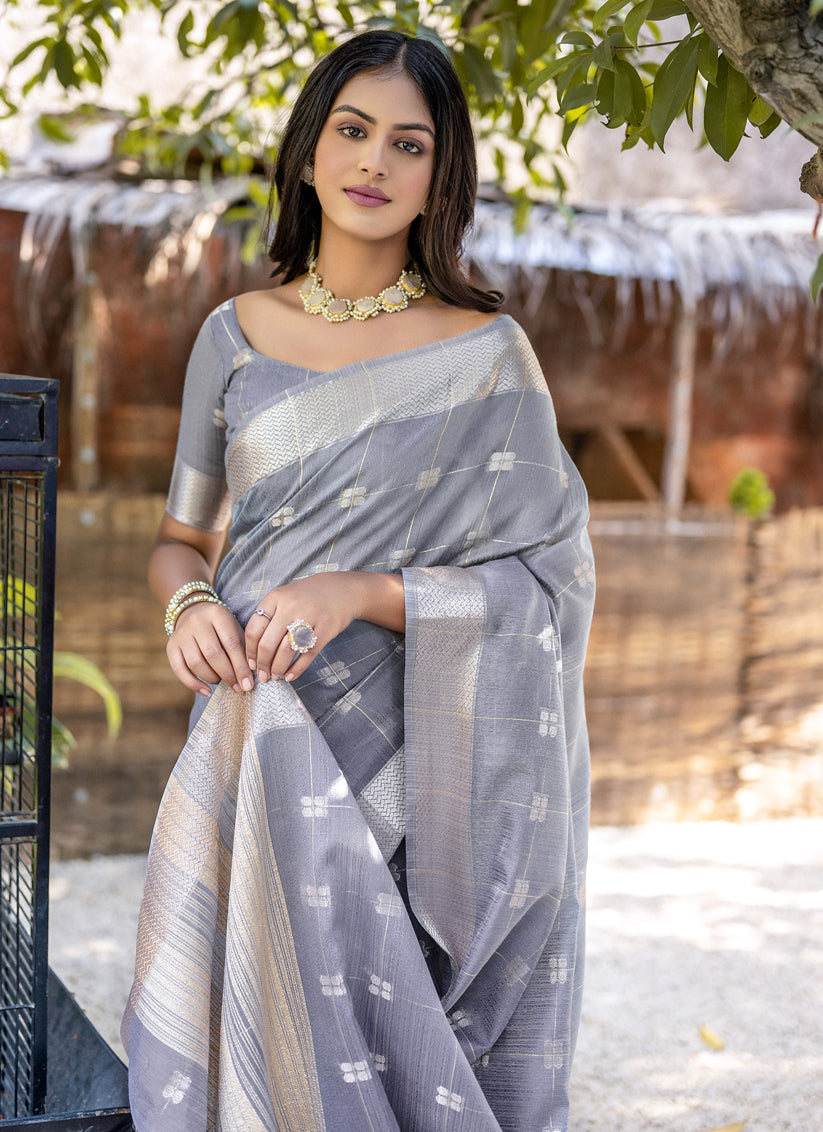 Grey Pure Cotton Zari Woven Saree