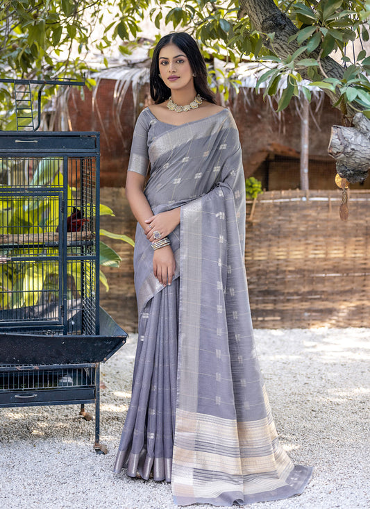 Grey Pure Cotton Zari Woven Saree