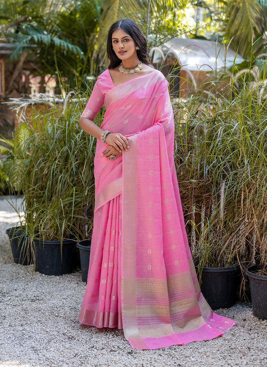 Pink Pure Cotton Zari Woven Saree