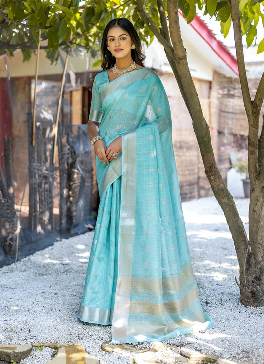 Sea Green Pure Cotton Zari Woven Saree