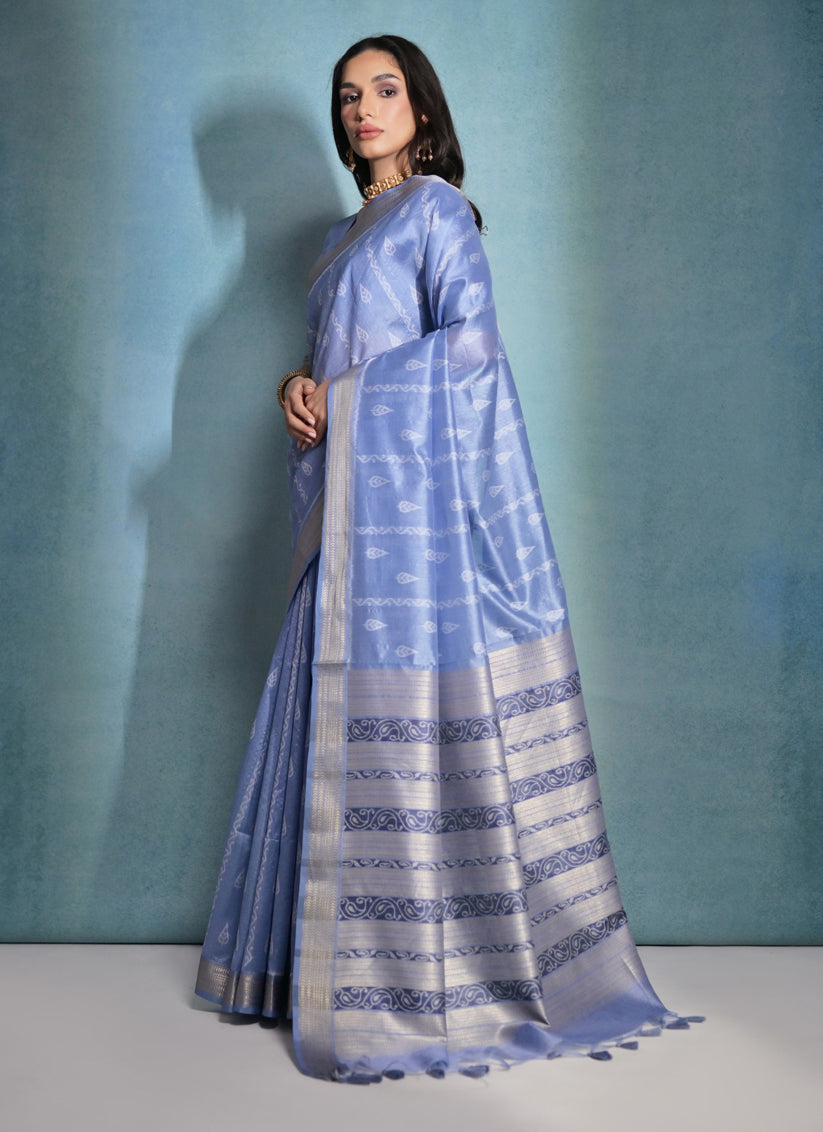 Powder Blue Raw Silk Woven Saree