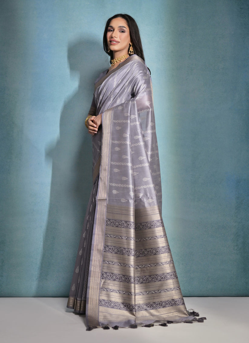 Grey Raw Silk Woven Saree