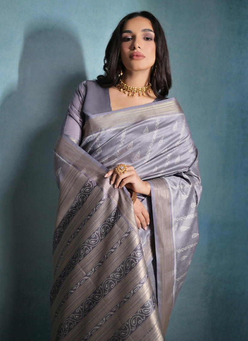 Grey Raw Silk Woven Saree