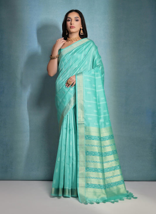 Sea Green Raw Silk Woven Saree