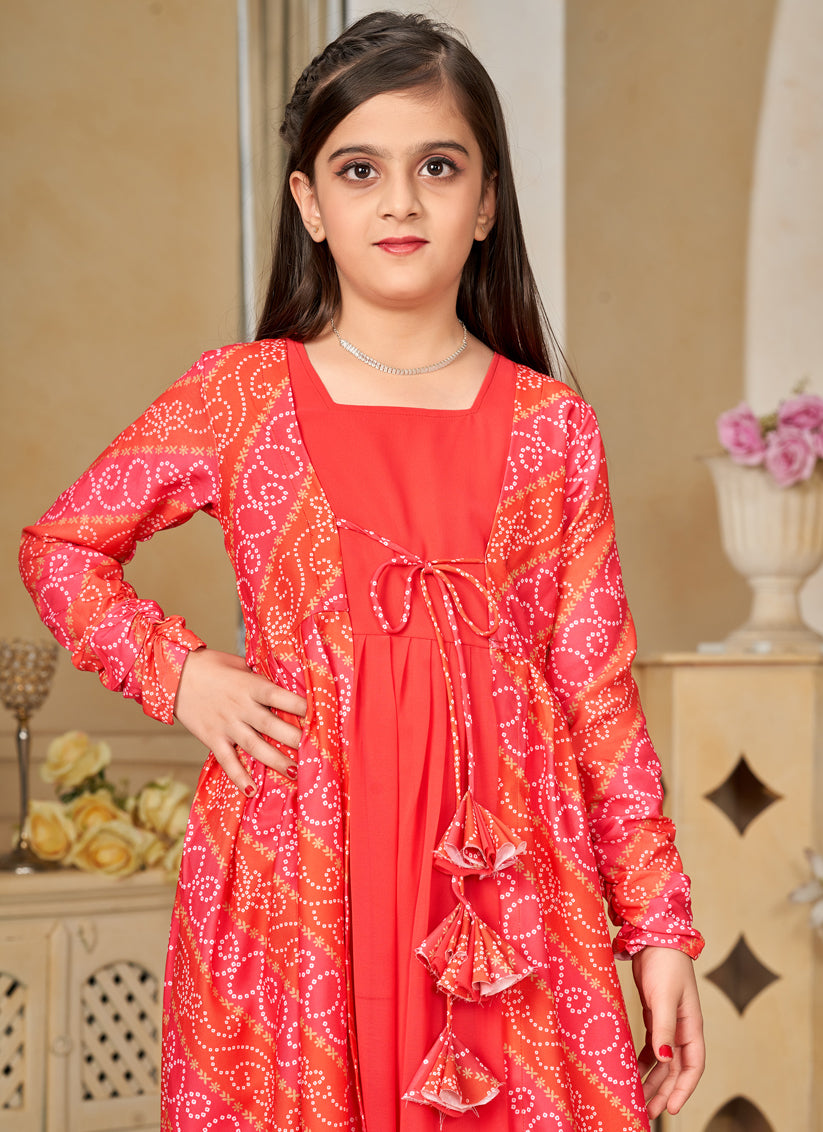 Coral Georgette Kids Gown with Jacket