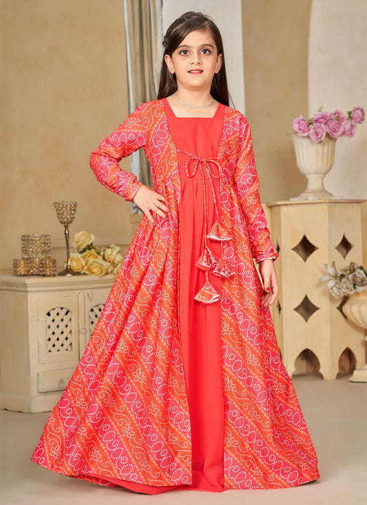 Coral Georgette Kids Gown with Jacket