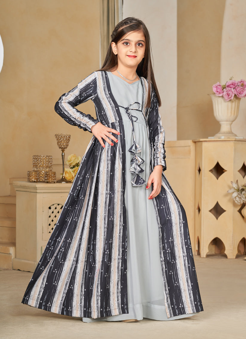 Soft Grey Georgette Kids Gown with Jacket