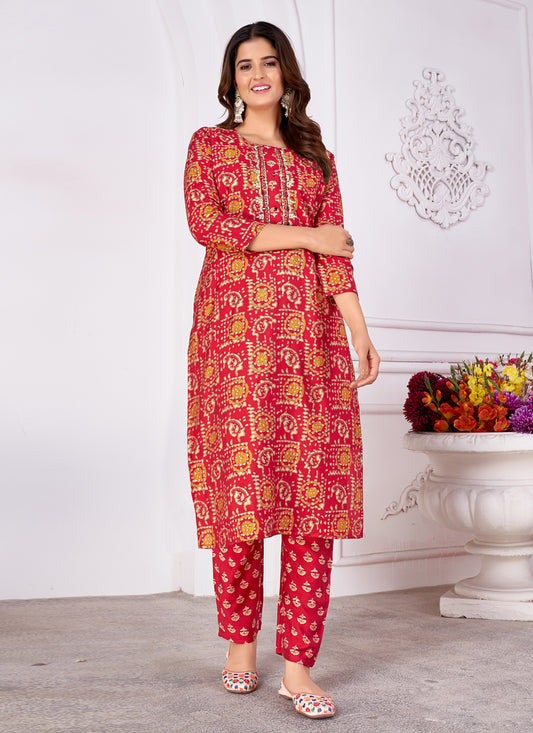 Salsa Red Silk Handwork Kurti with Pant