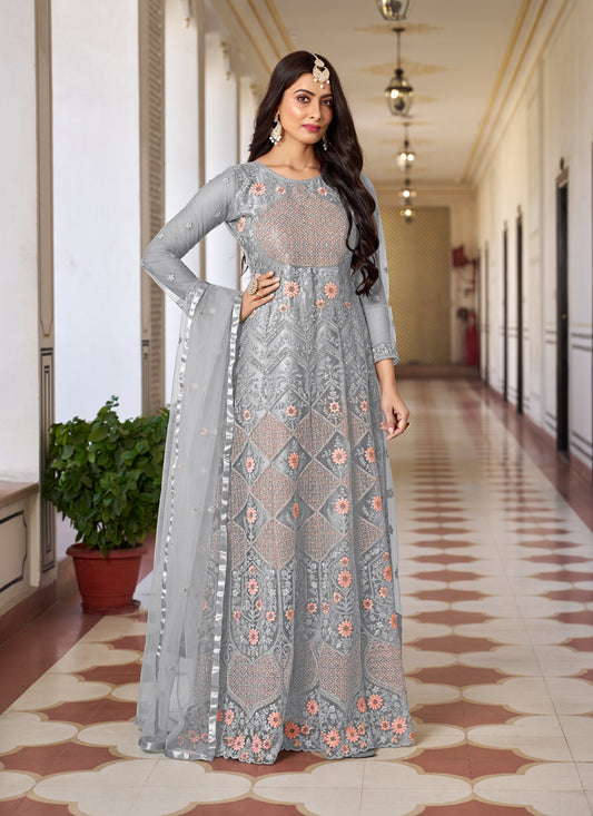 Steel Grey Net Embroidered Anarkali Dress for Festival