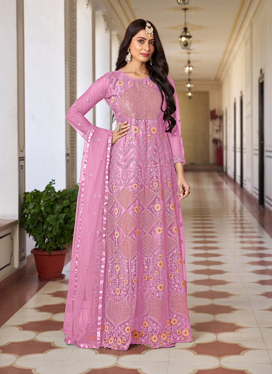 Cherry Pink Net Embroidered Anarkali Dress for Festival