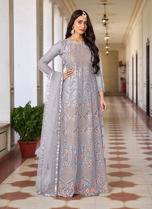 Smoke Grey Net Embroidered Anarkali Dress for Festival