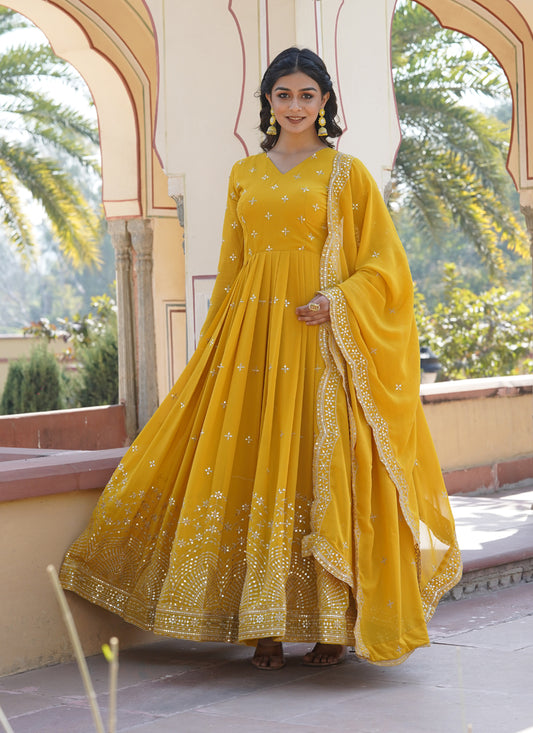 Mustard Faux Georgette Embroidered Gown with Dupatta