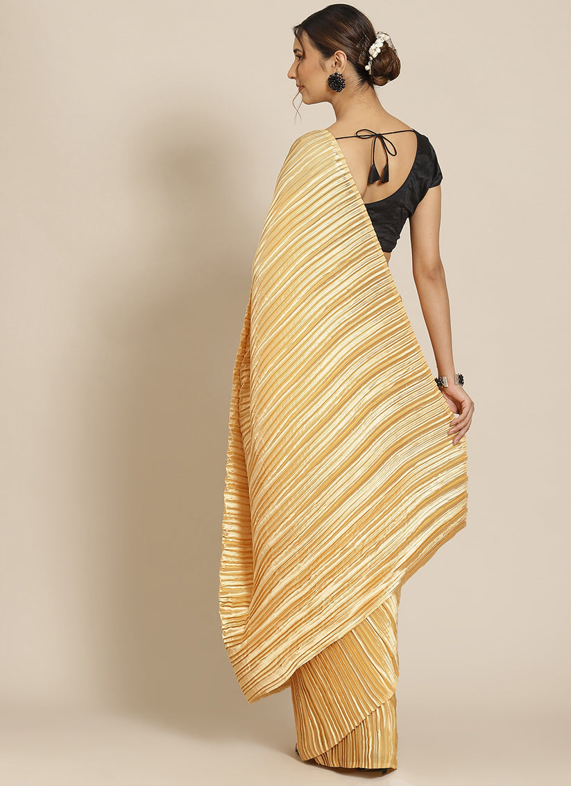 Golden Pleated Satin Silk Partywear Saree