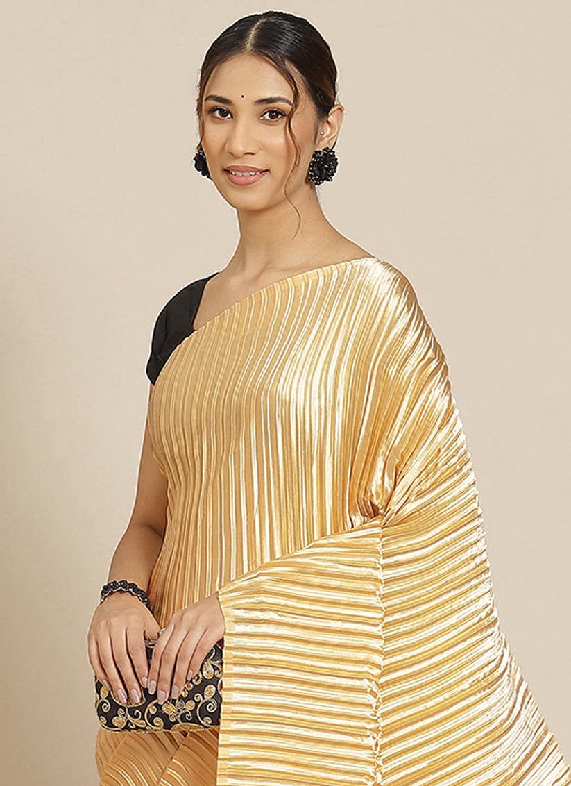 Golden Pleated Satin Silk Partywear Saree