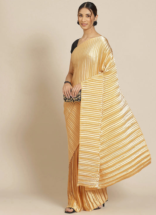 Golden Pleated Satin Silk Partywear Saree
