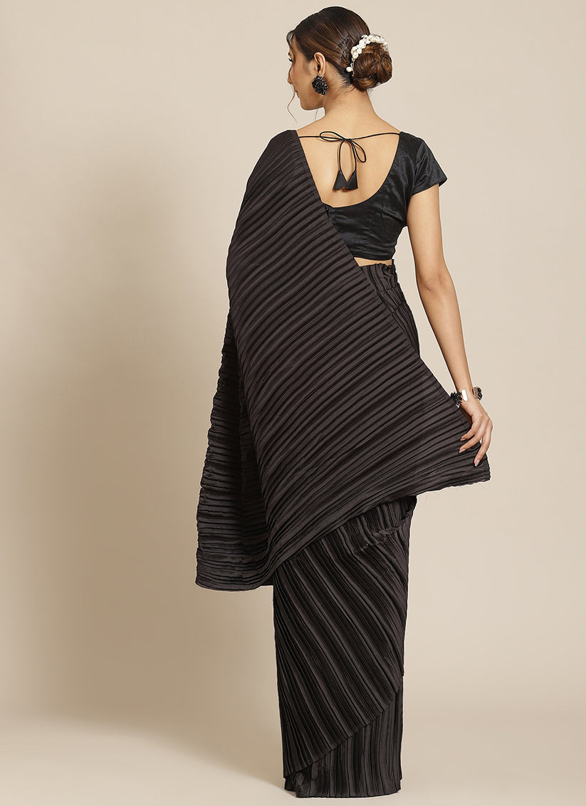 Black Pleated Satin Silk Partywear Saree