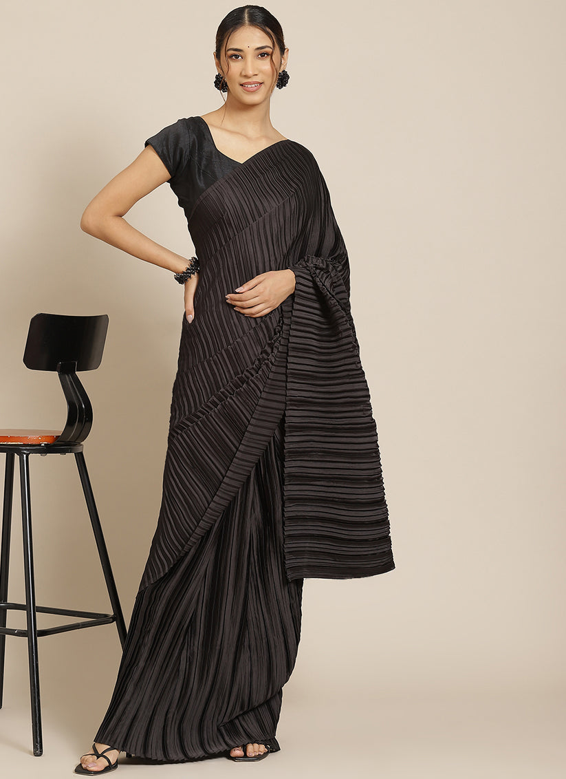 Black Pleated Satin Silk Partywear Saree