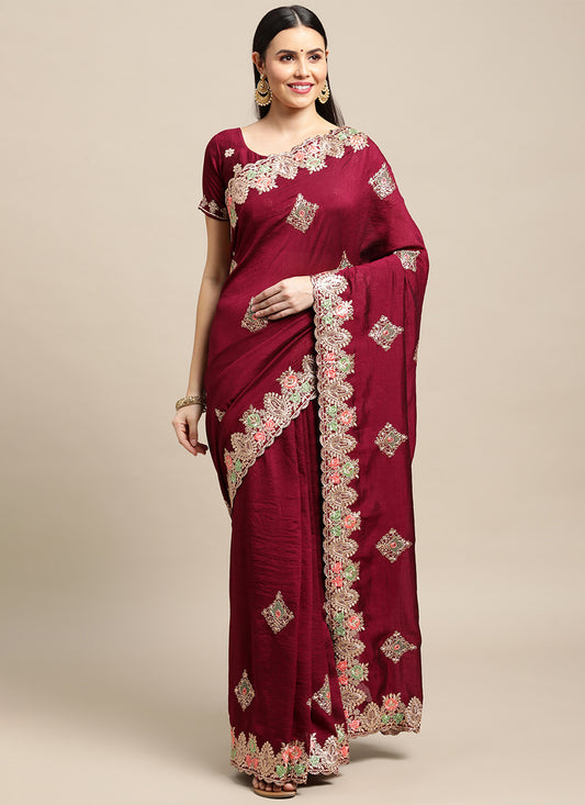 Maroon Embroidered Silk Saree for Festival